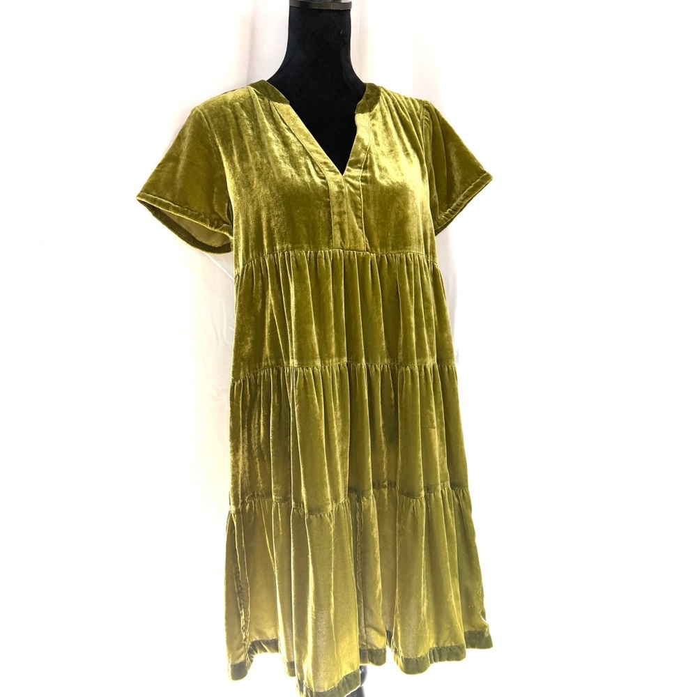 Maeve Anthropologie Harper Olive Green Velvet Tunic Tiered Dress, Size M